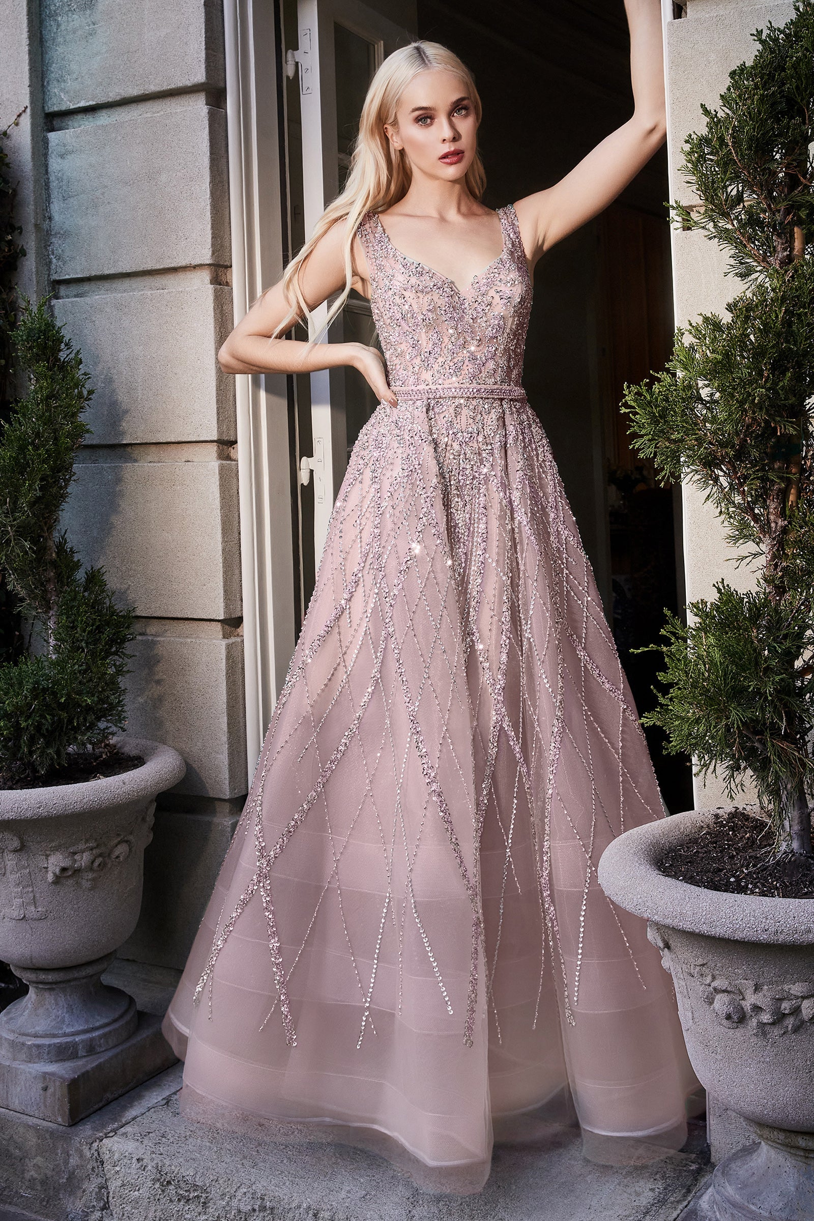 Divine Elegance: Enchanting Gown with Intricate Beadwork and Lattice-Like Skirt