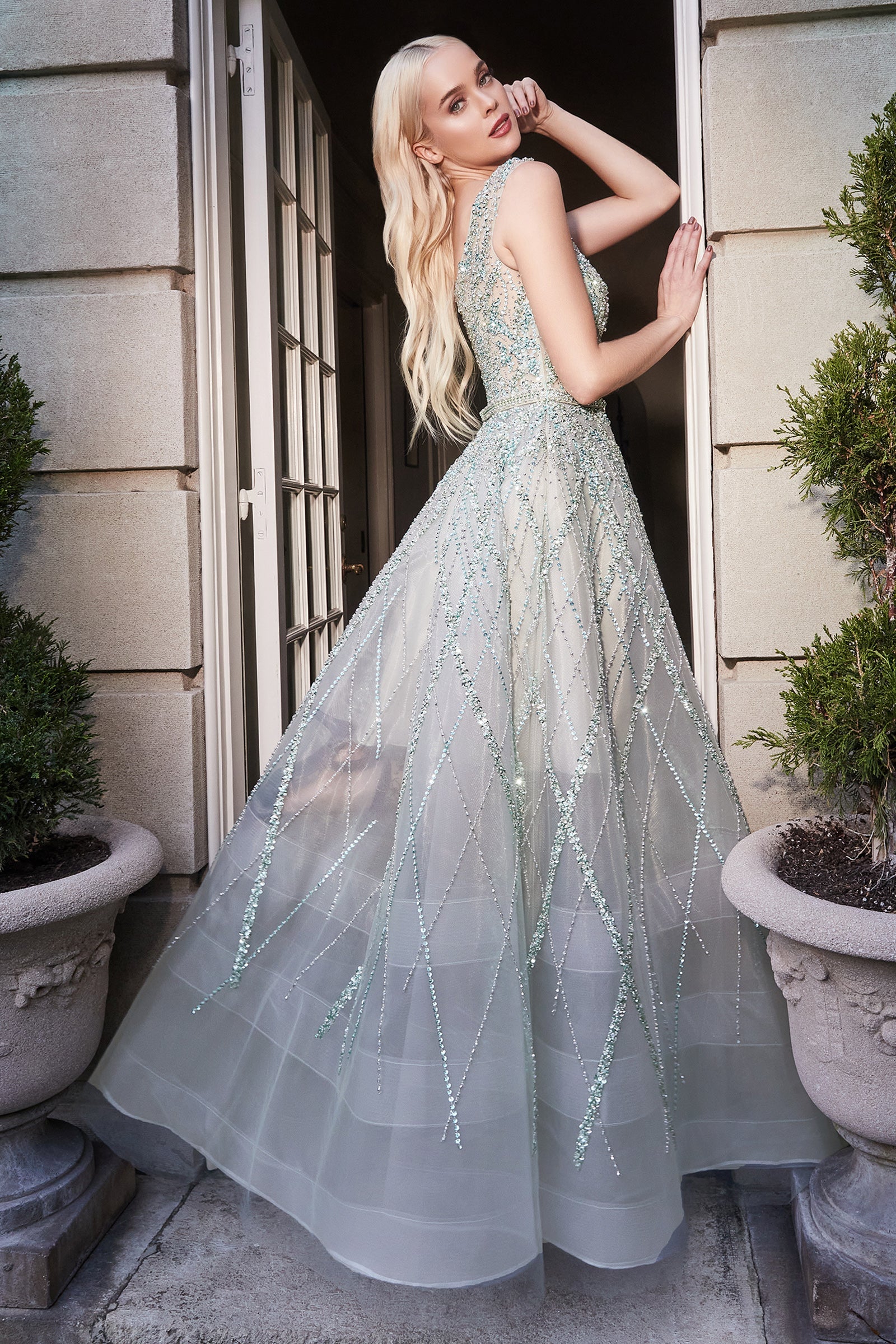 Divine Elegance: Enchanting Gown with Intricate Beadwork and Lattice-Like Skirt