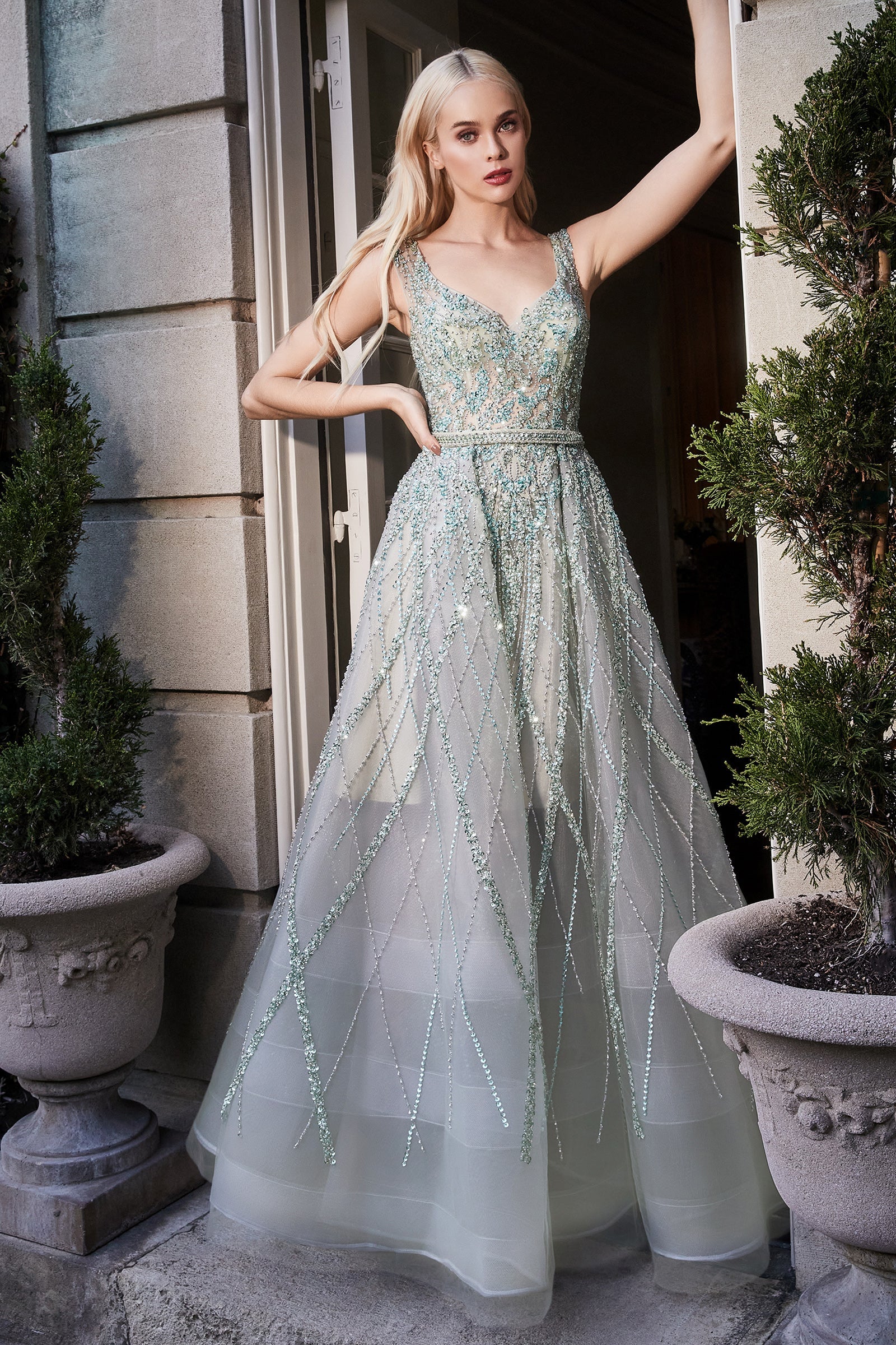Divine Elegance: Enchanting Gown with Intricate Beadwork and Lattice-Like Skirt