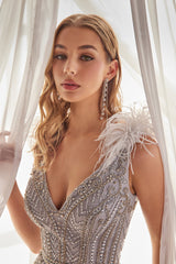 Celestial Threads: Shimmering Mermaid Gown with Feathered Accents