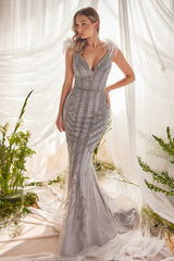 Celestial Radiance: Feathered and Beaded Mermaid Gown