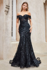 **Seraphina's Enchanting Off-the-Shoulder Gown: Shimmering Elegance for Unforgettable Moments**