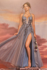 Divine Elegance: Haltered Floral AppliquÃ© Gown with Thigh-High Slits