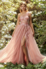 Enchanted Embrace: Captivating Gown with Butterfly Appliques and Thigh-High Slit