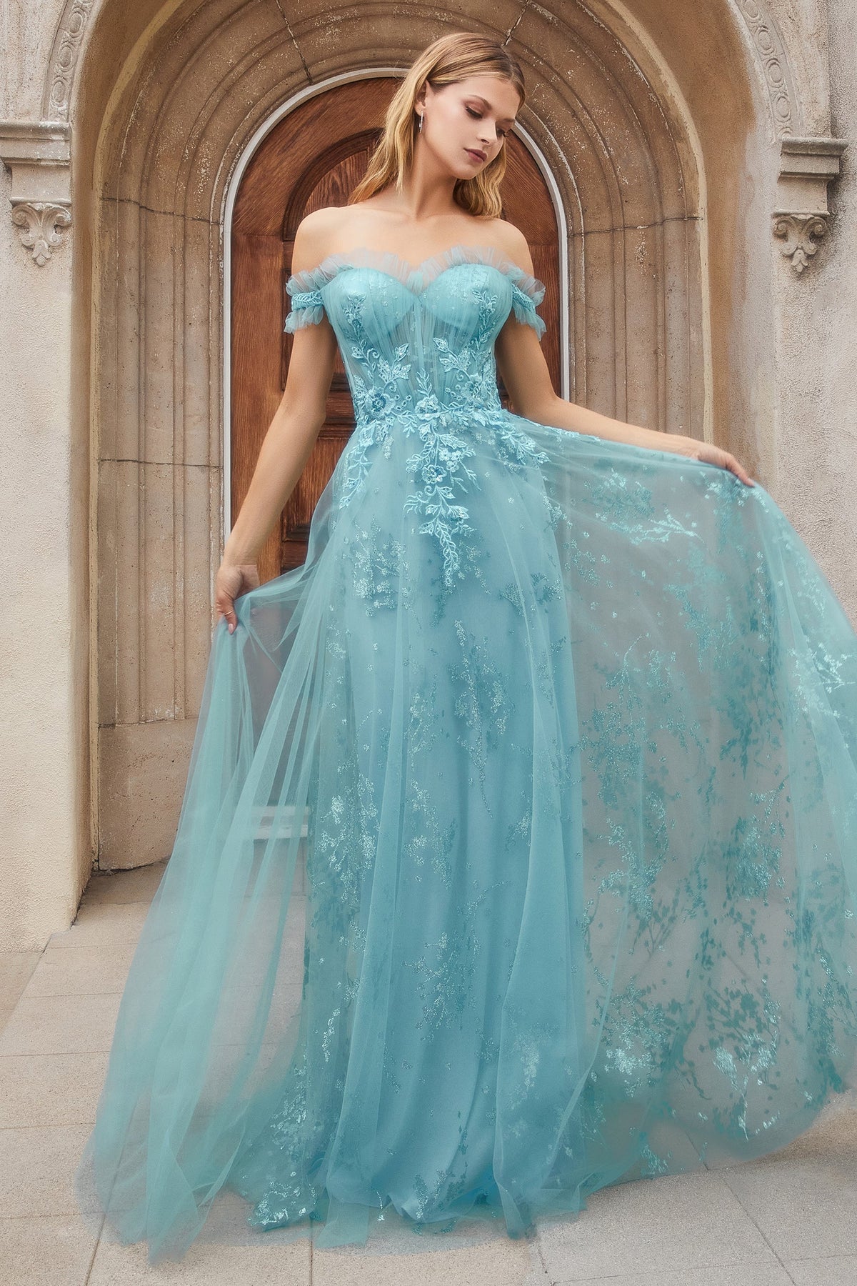 Entice the Night with Enchanting Evenings' Floral AppliquÃ© Gown