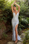 Radiant Glamour: Enchanting Gown with Daring V-Neckline and Flowing Train