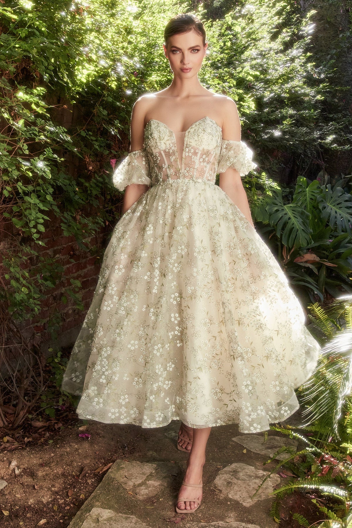 **Enchanted Dreams: Embrace Ethereal Grace with Our Tea-Length Organza Dress**