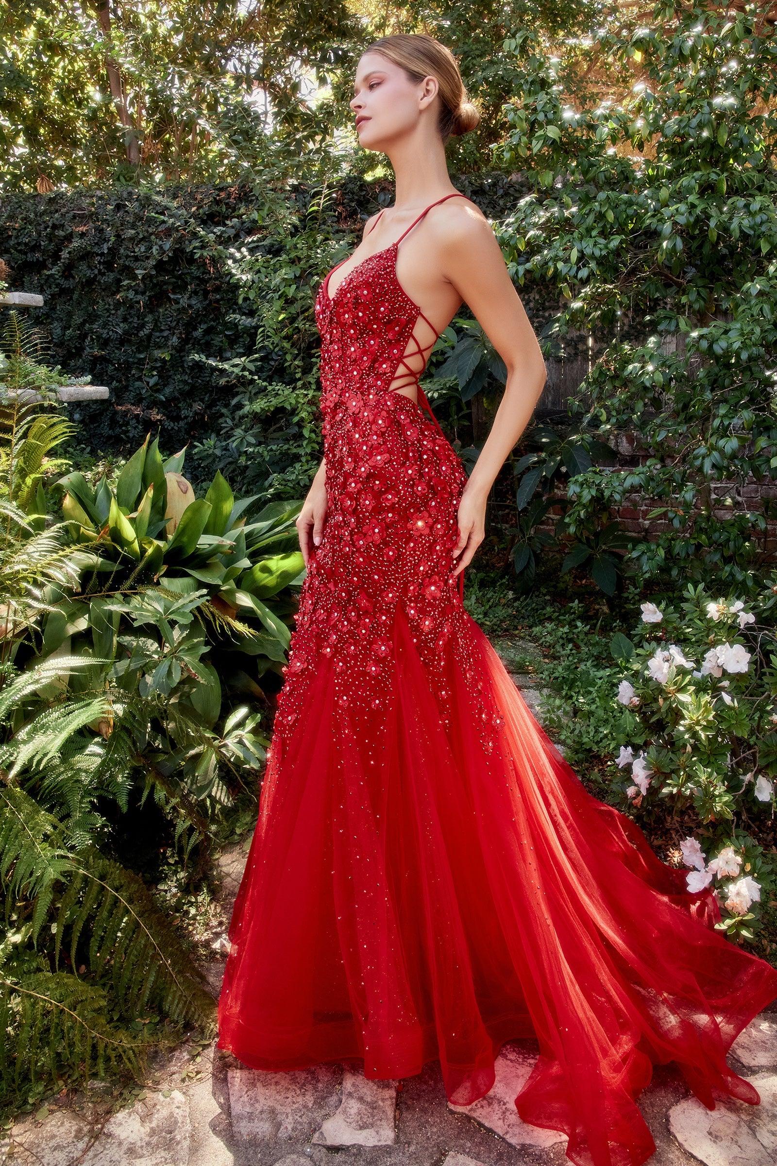 **Enchanting Floral AppliquÃ© Gown: Sheer Elegance for Every Occasion**