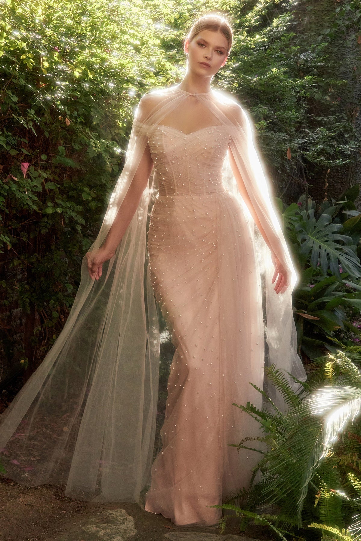 Ethereal Enchantment: Off-the-Shoulder Pearl-Embellished Tulle Gown