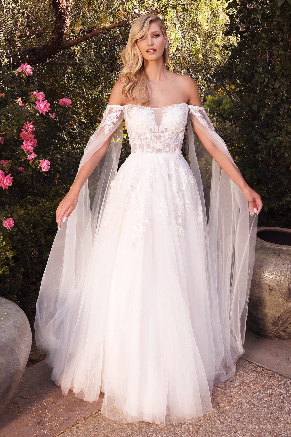 Enchanting Cinderella Divine Gown: Corset and Cape Sleeve Magic (A1080W)