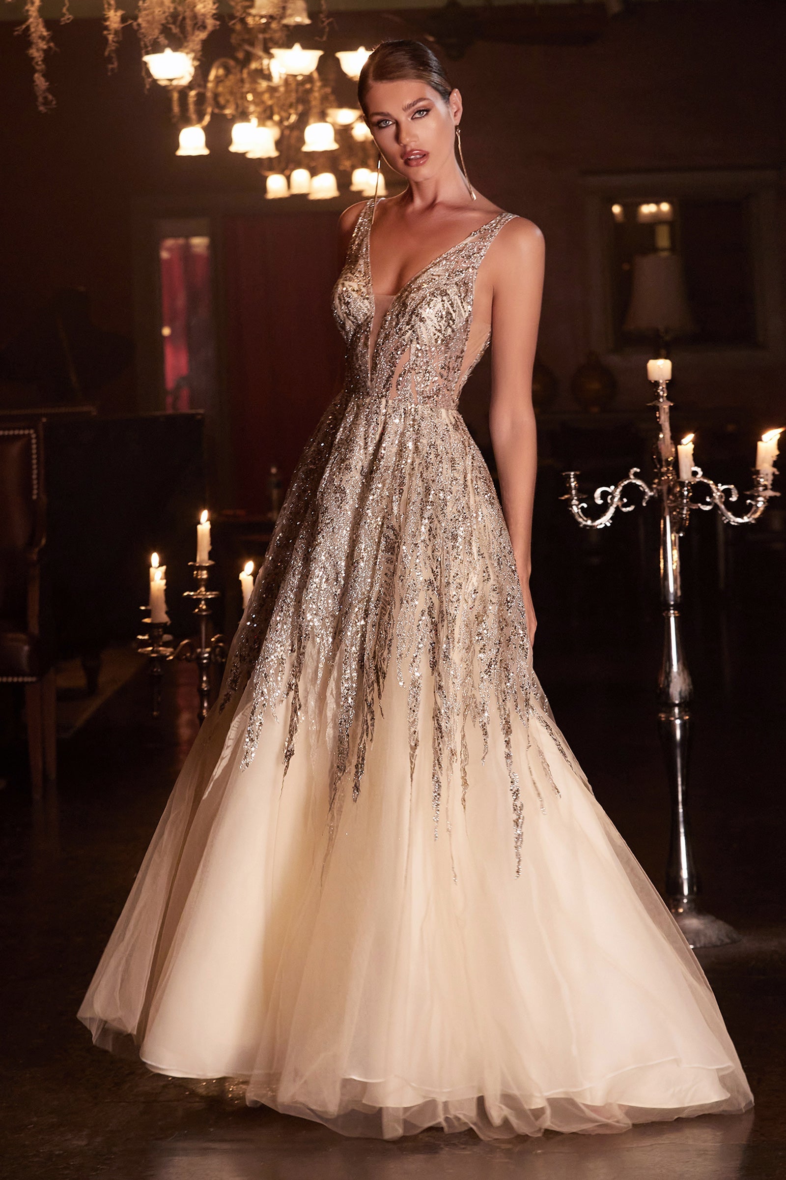 Cinderella Divine C135: Shimmering Sequined Evening Gown for Enchanting Occasions