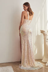 Captivating Sequin Masterpiece: Cinderella Divine's Enchanting One-Shoulder Gown (C140)