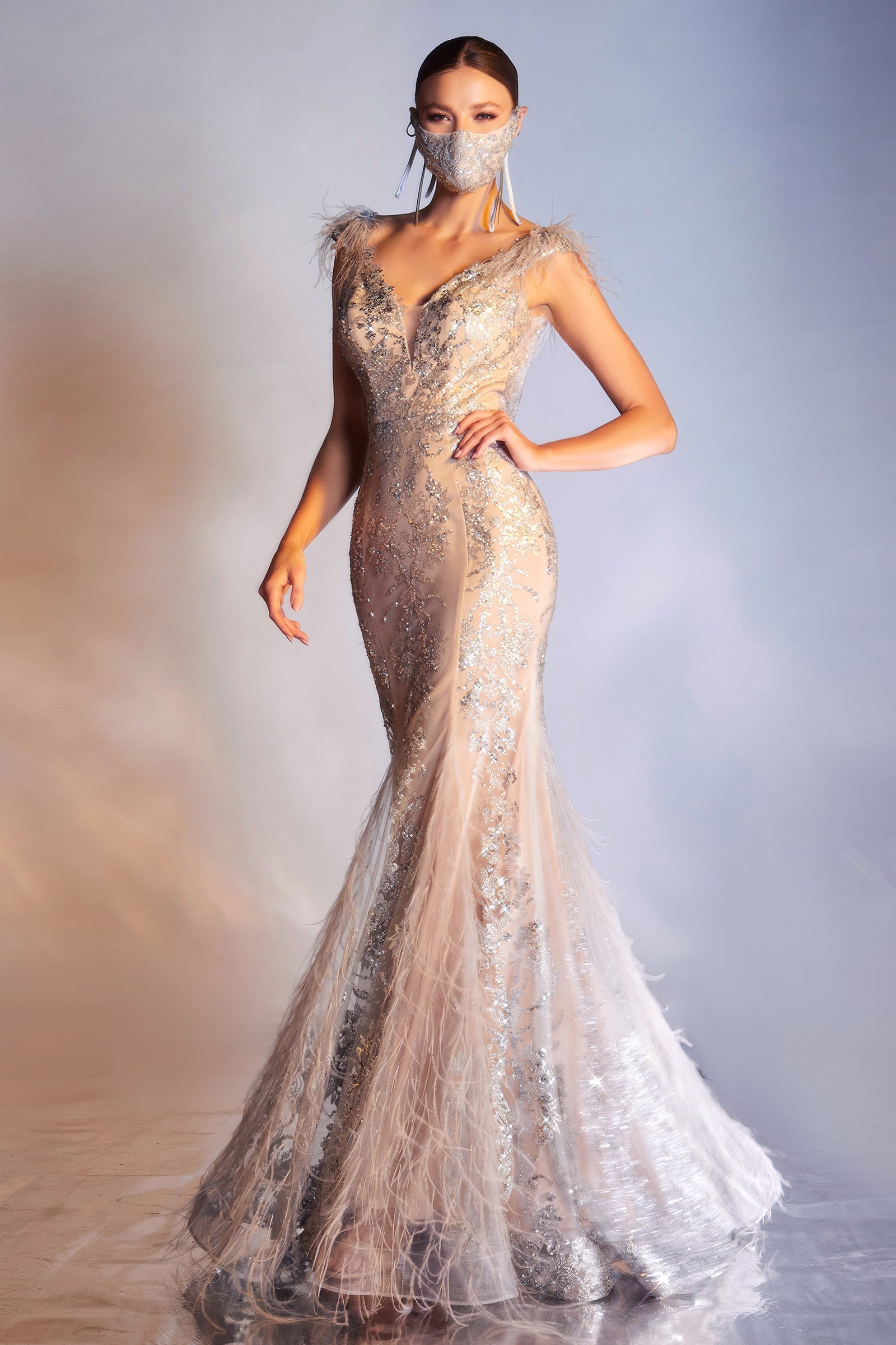 **Cinderella Divine: Enchanting V-Neck Feathered Mermaid Gown for Formal Occasions**