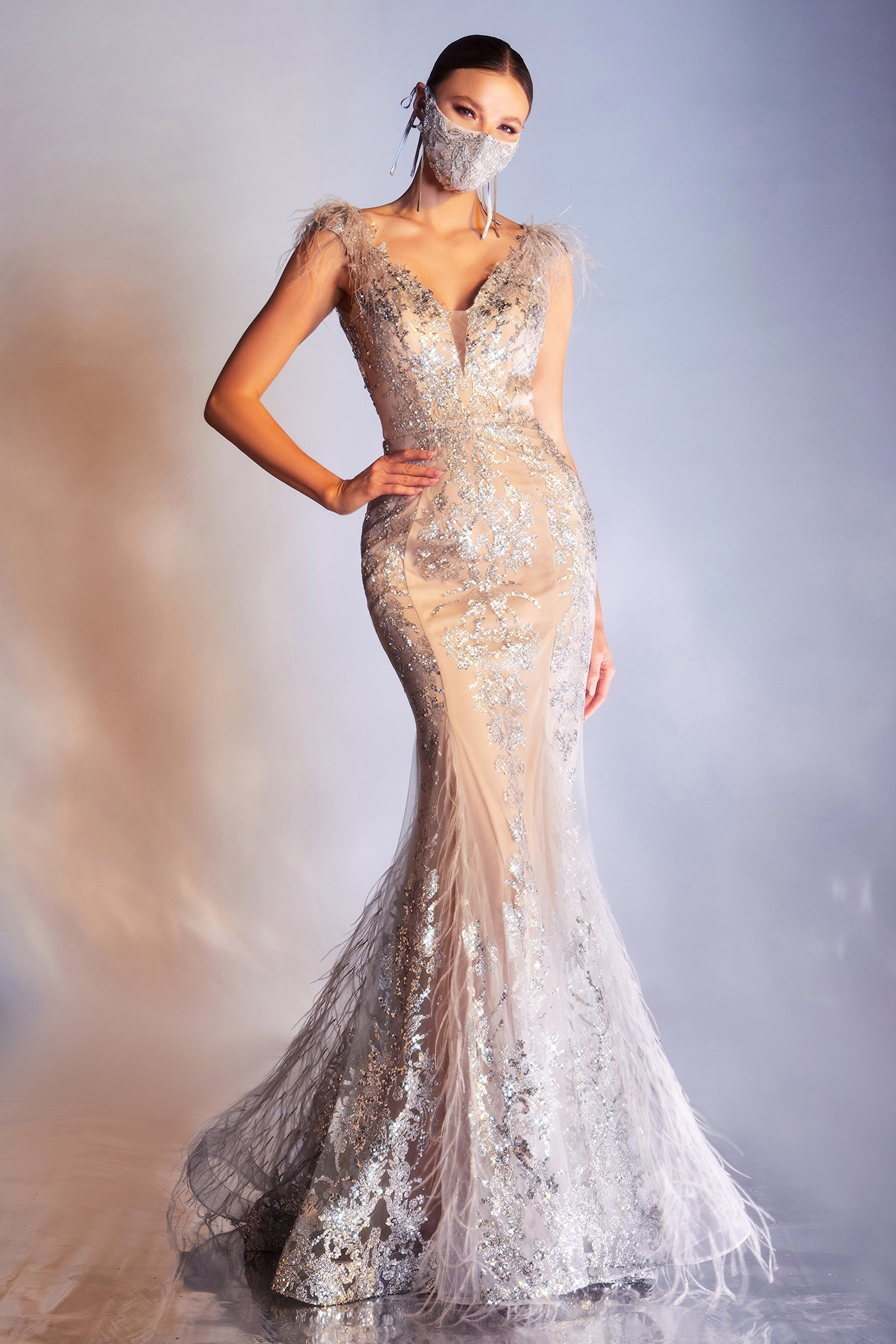 **Cinderella Divine: Enchanting V-Neck Feathered Mermaid Gown for Formal Occasions**