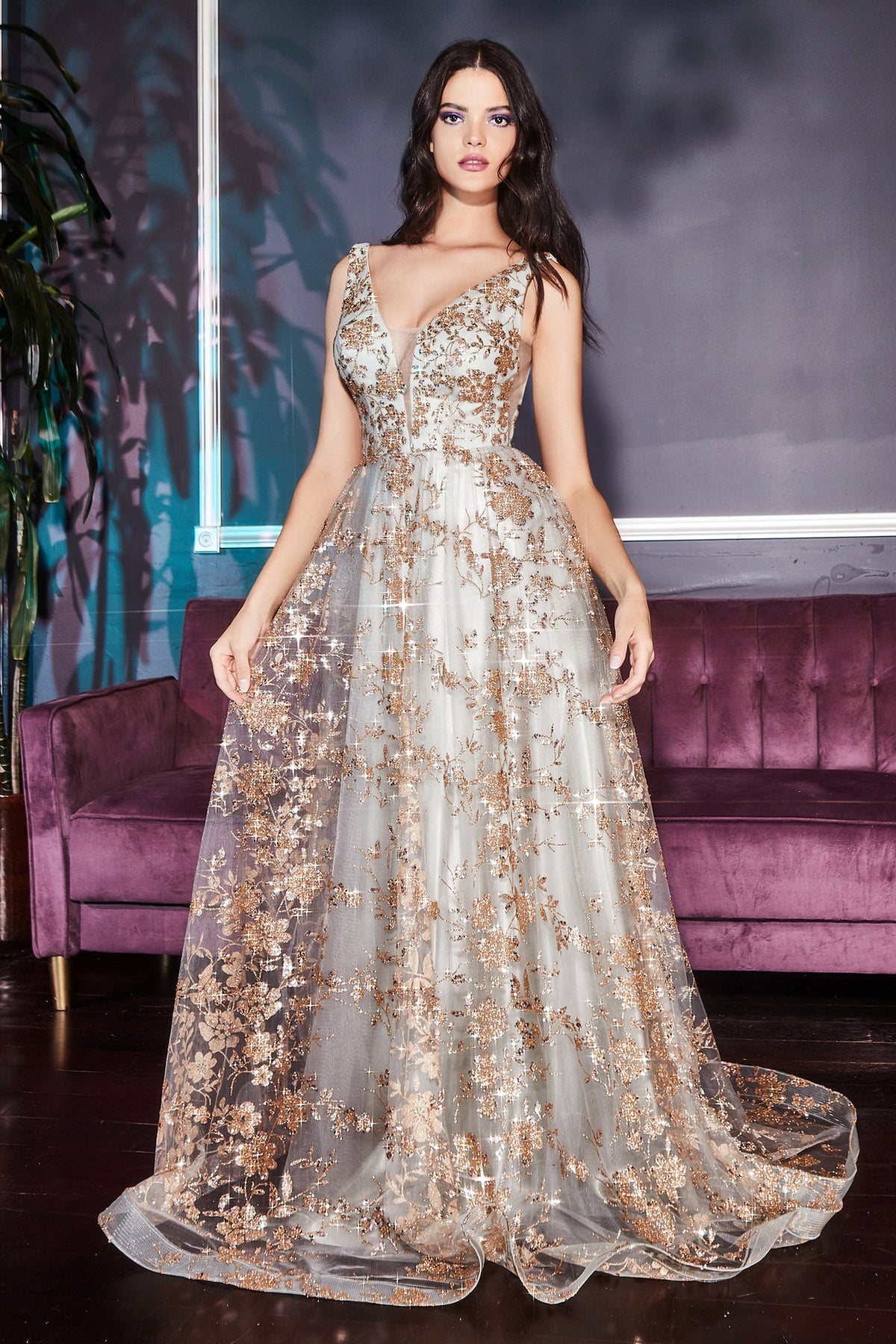 Cinderella Divine CB068: Shimmering Metallic Lace Evening Gown for Enchanting Occasions