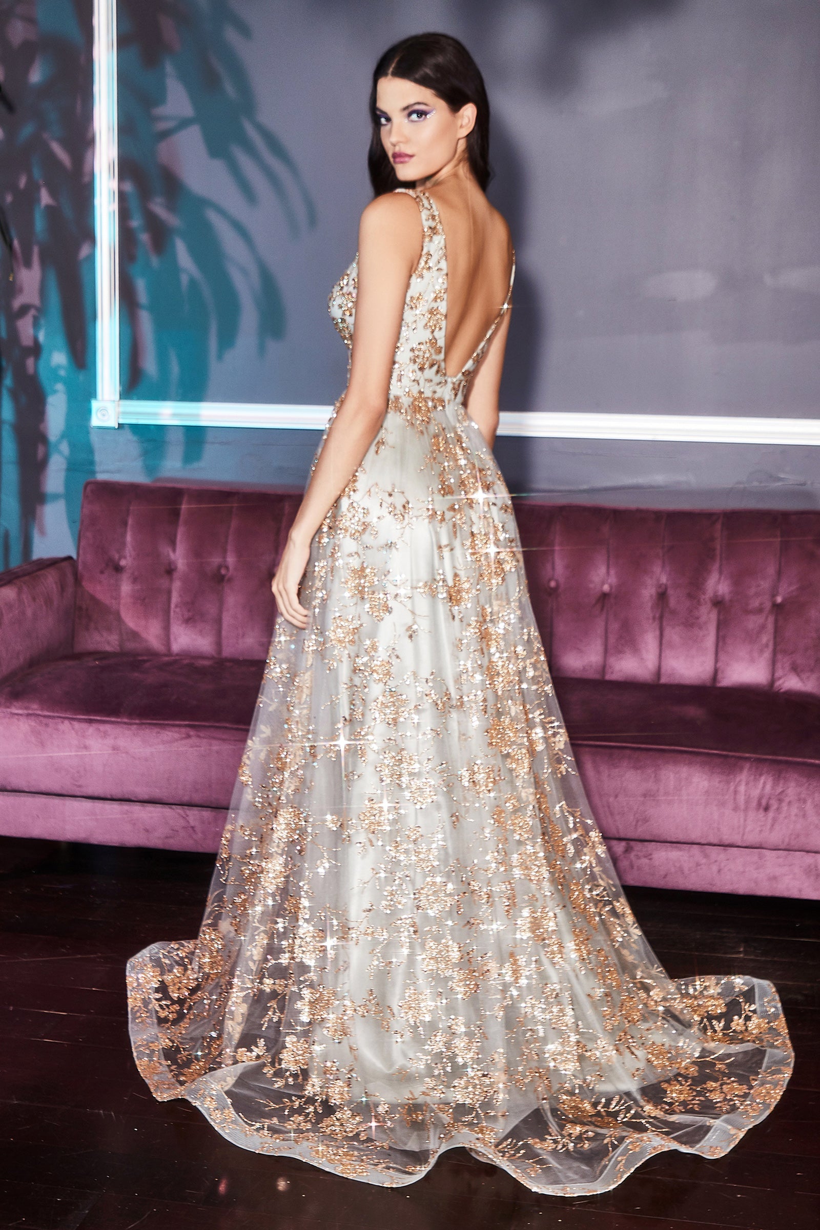 Cinderella Divine CB068: Shimmering Metallic Lace Evening Gown for Enchanting Occasions