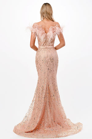 Cinderella Divine CB082: Enchanting Mermaid Gown with Feather-Adorned Neckline