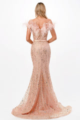 Cinderella Divine CB082: Enchanting Mermaid Gown with Feather Accents and Glitter Embellishments
