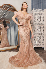 Cinderella Divine CB082: Enchanting Mermaid Gown with Feather Accents and Glitter Embellishments