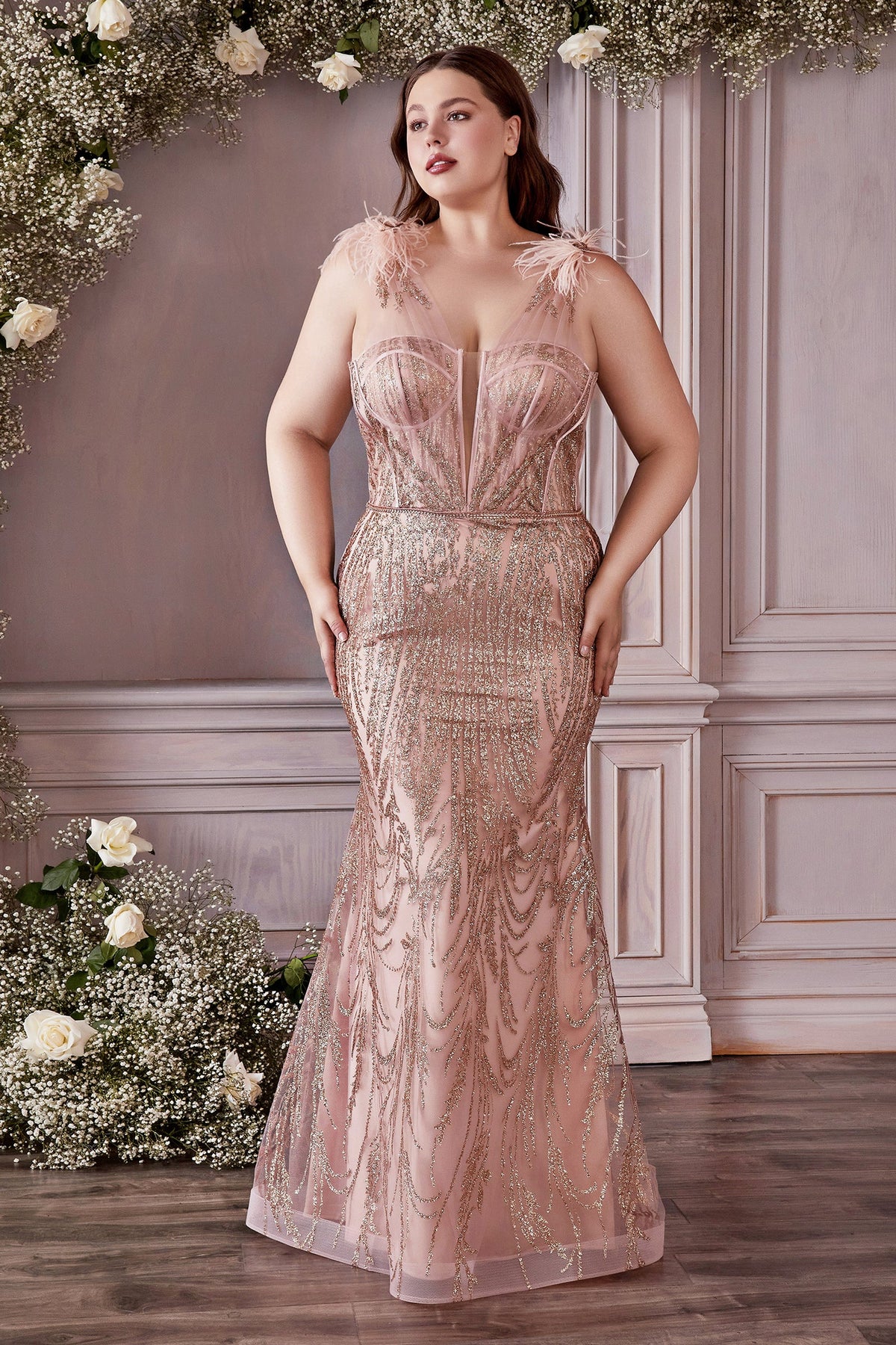 Cinderella Divine: Enchanted Evening Gown with Intricate Beading and Feather Embellishments