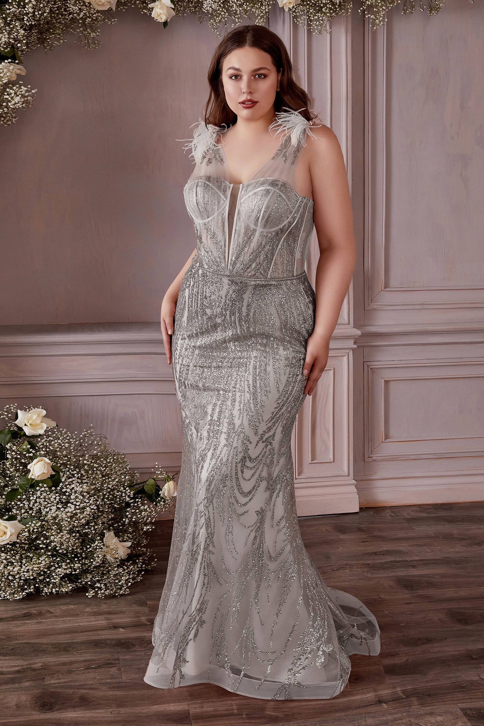 Cinderella Divine: Enchanted Evening Gown with Intricate Beading and Feather Embellishments