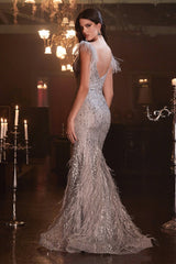 Cinderella Divine's Enchanting Feathered V-Neck Gown for Prom and Formal Occasions