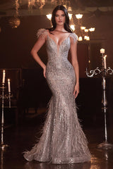 Enchanting Elegance: Cinderella Divine's Feathered V-Neck Dress for Unforgettable Occasions