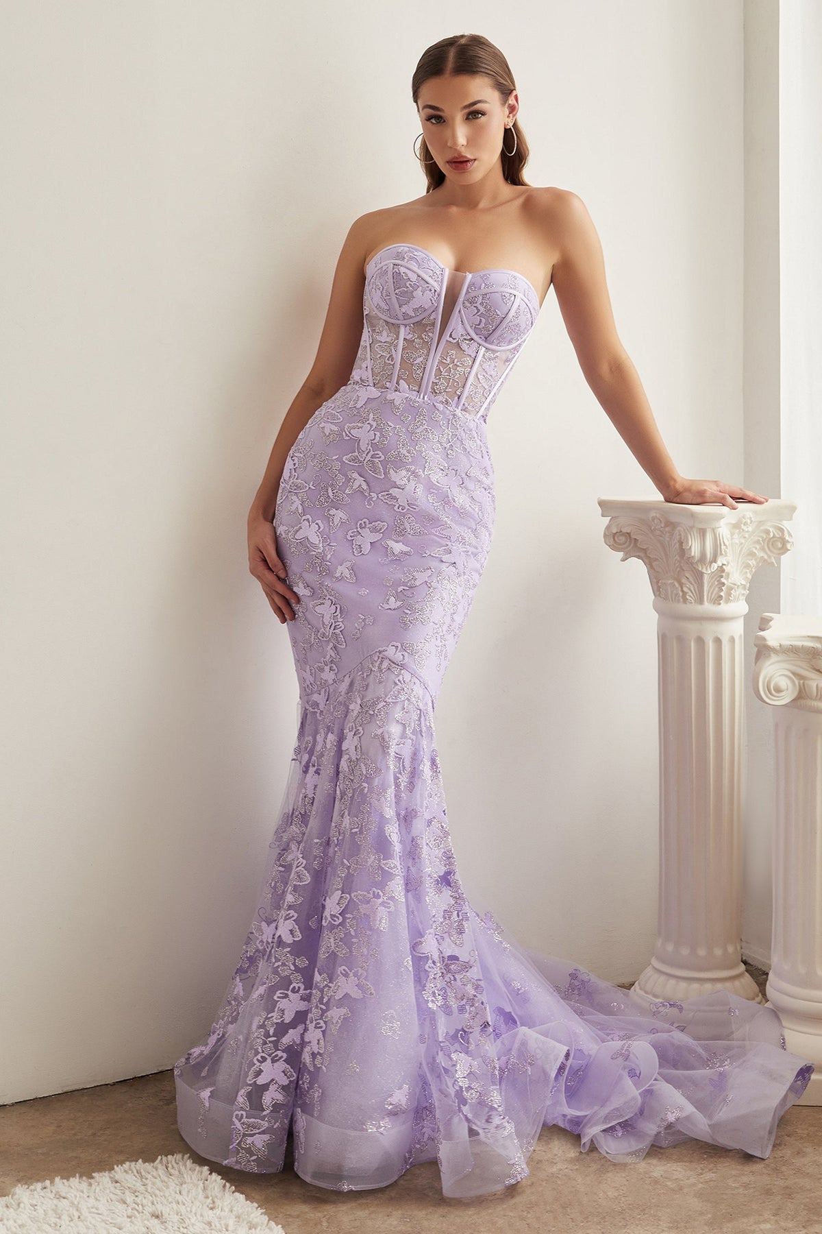 Enchanting Mermaid Gown by Cinderella Divine: Sheer Bodice, Butterfly Print, and Sweeping Train (CB099)