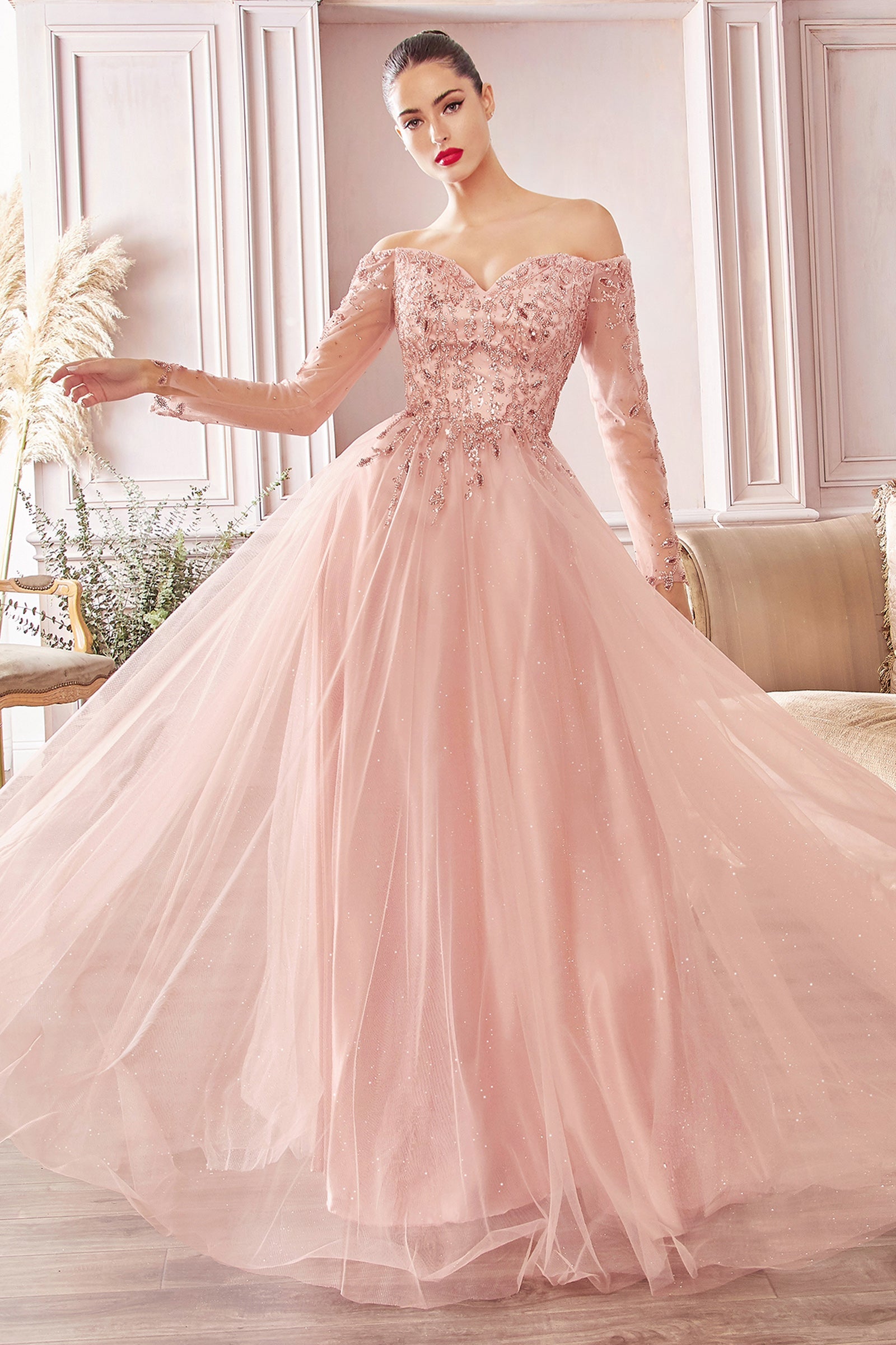 Enchanting Elegance: Cinderella Divine's Shimmering Off-the-Shoulder Gown (CD0172)