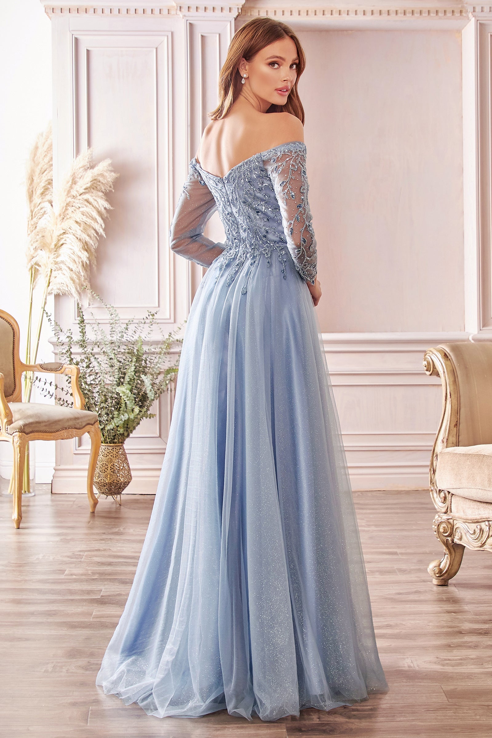 Enchanting Elegance: Cinderella Divine's Shimmering Off-the-Shoulder Gown (CD0172)