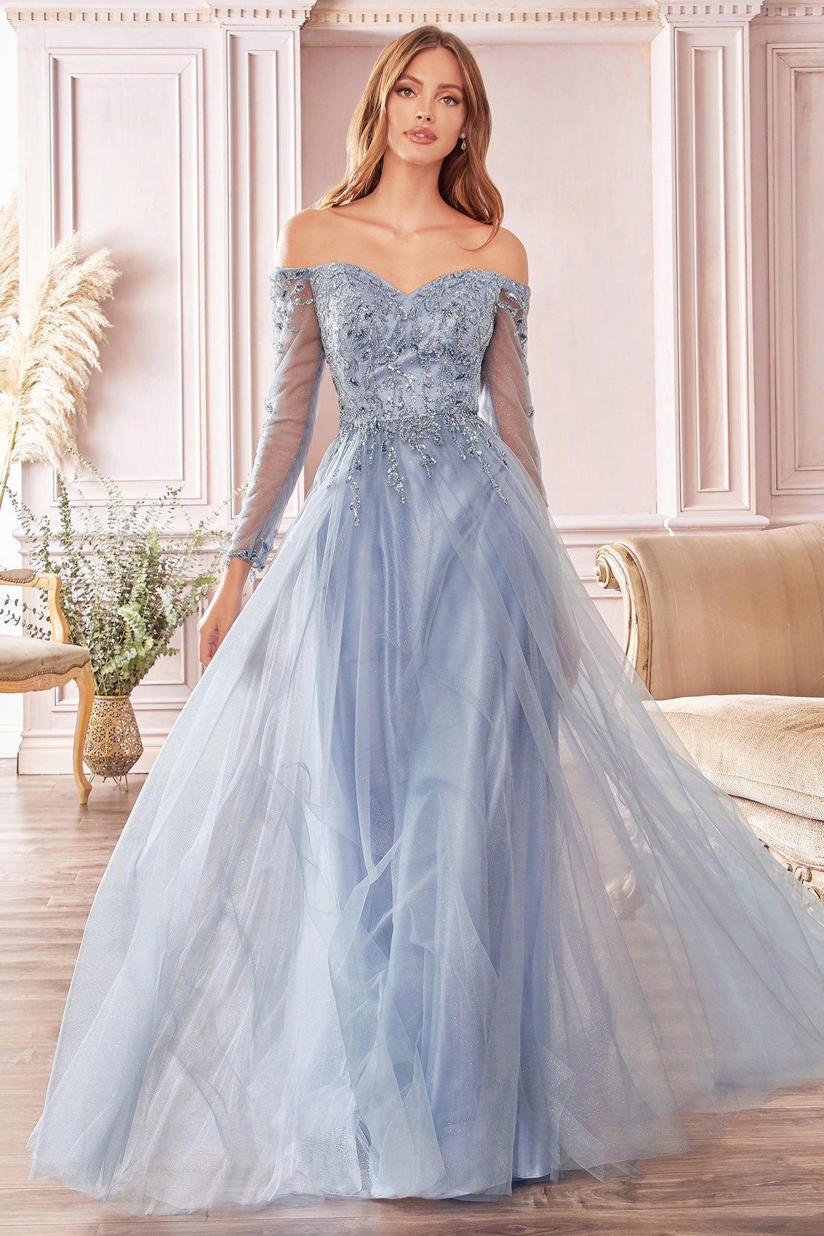 Ethereal Elegance: Cinderella Divine's Shimmering Off-Shoulder Dress