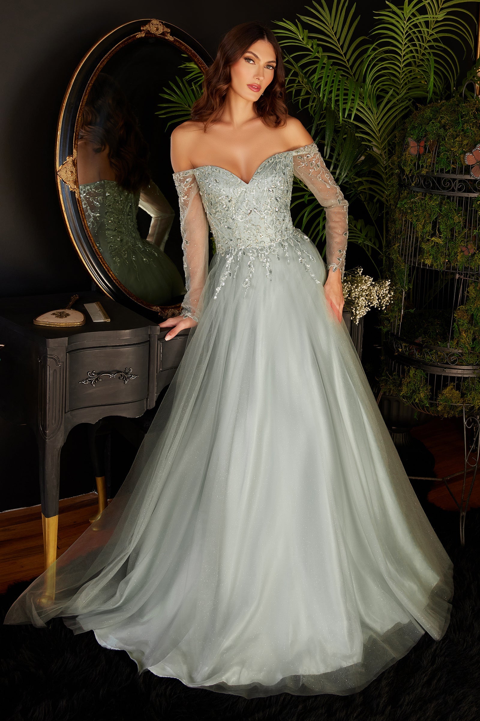 Enchanting Elegance: Cinderella Divine's Shimmering Off-the-Shoulder Gown (CD0172)