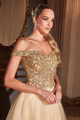 Cinderella Divine CD0177: Enchanting Off-the-Shoulder Glitter Tulle Gown for Special Occasions