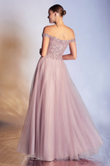 Cinderella Divine CD0177: Enchanting Off-the-Shoulder Glitter Tulle Gown for Special Occasions