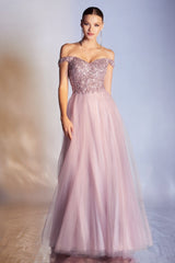 Cinderella Divine CD0177: Enchanting Off-the-Shoulder Glitter Tulle Gown for Special Occasions