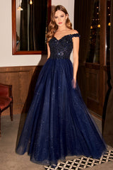Cinderella Divine CD0177: Enchanting Off-the-Shoulder Glitter Tulle Gown for Special Occasions