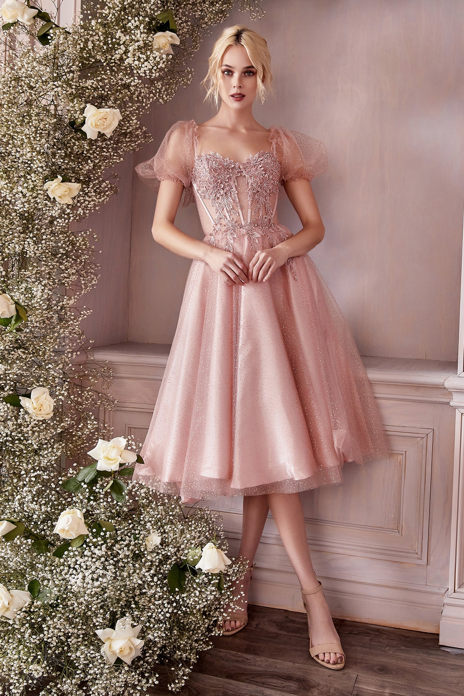 Enchanting Cinderella Divine Dress: Puff Sleeves, Lace, and Sparkle