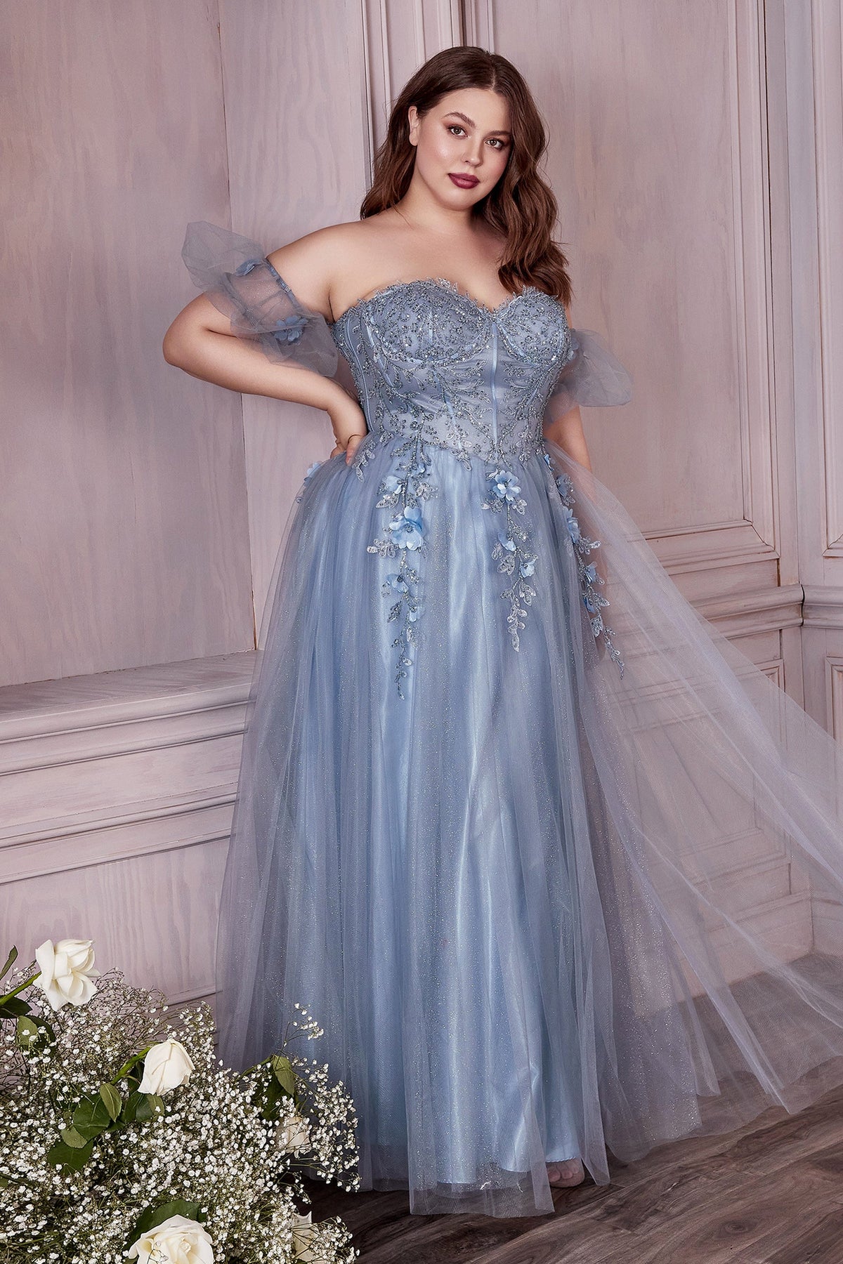 Cinderella Divine's Enchanting Gown: Sheer Corset, Sparkling Skirt, and Flowing Train