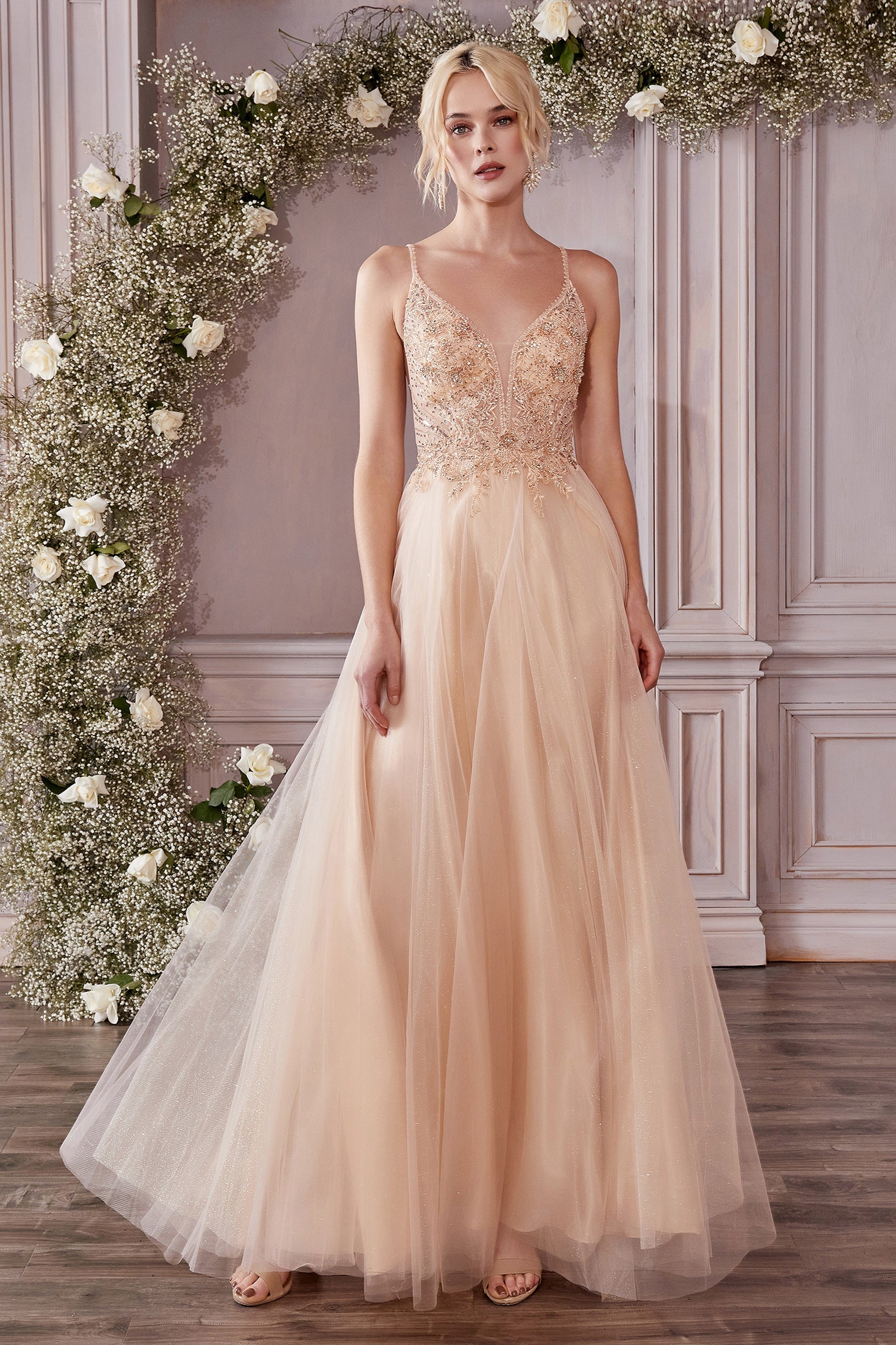 Enchante Your Evenings with Cinderella Divine's Shimmering Lace Gown