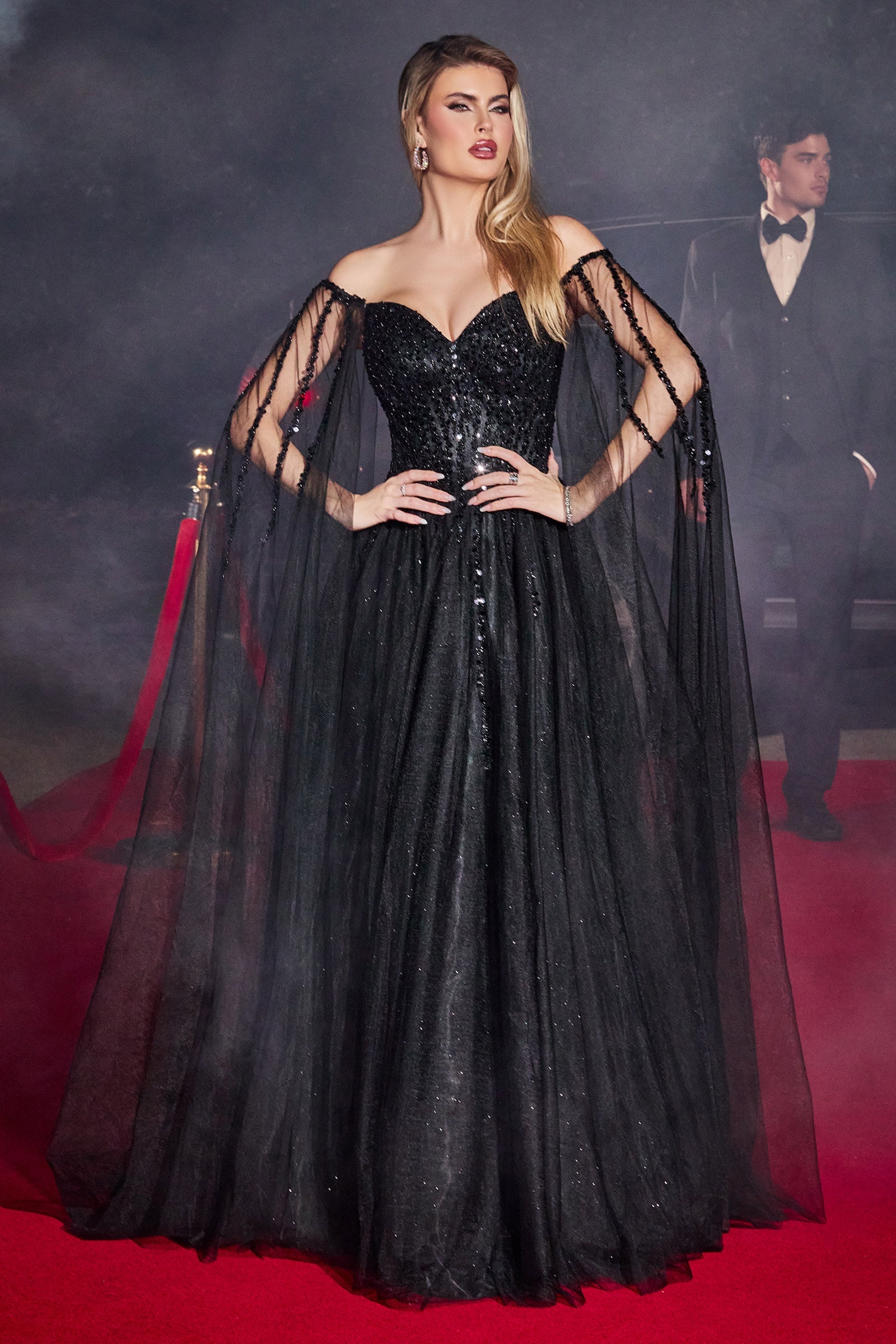 Cinderella Divine Iridescent Sequined Cape-Sleeve Gown: Radiate Elegance at Every Occasion