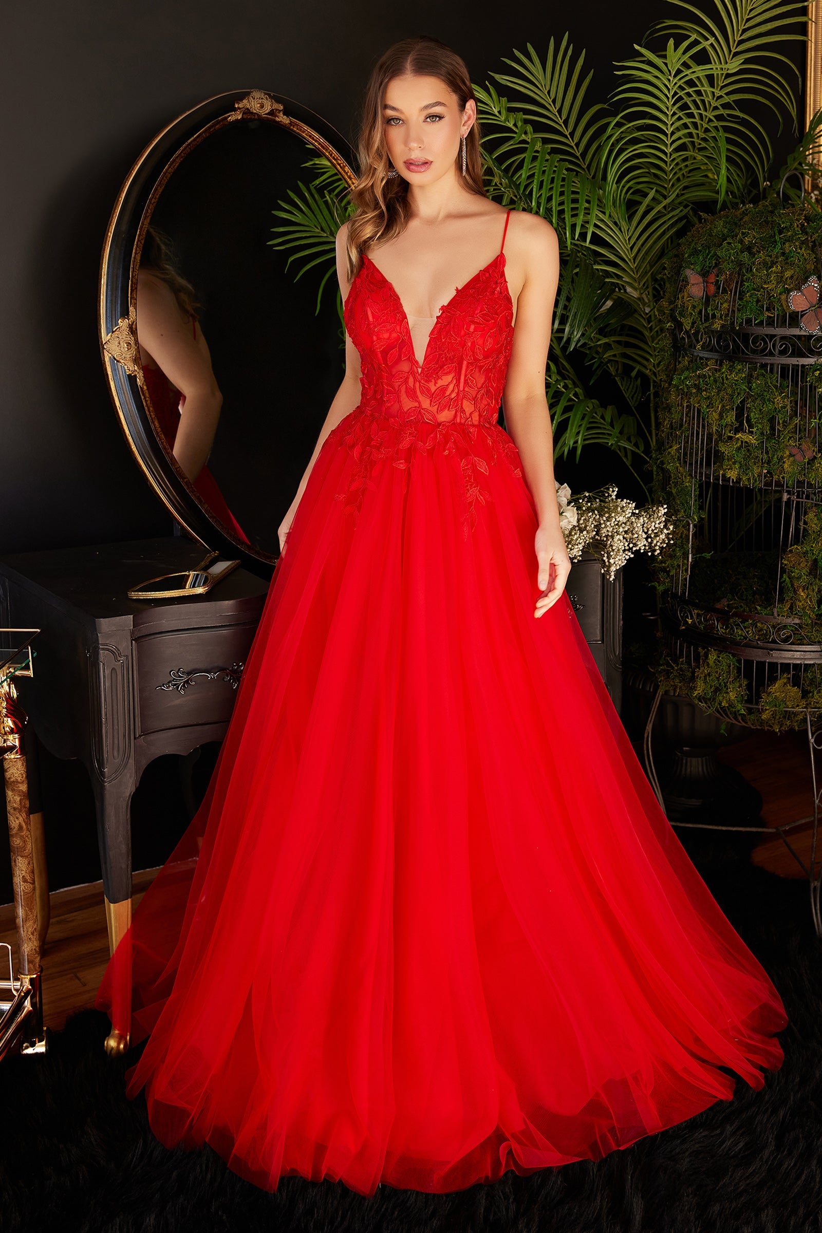 Enchanted Elegance: Cinderella Divine's Leaf Lace AppliquÃ© Gown (CD2214)