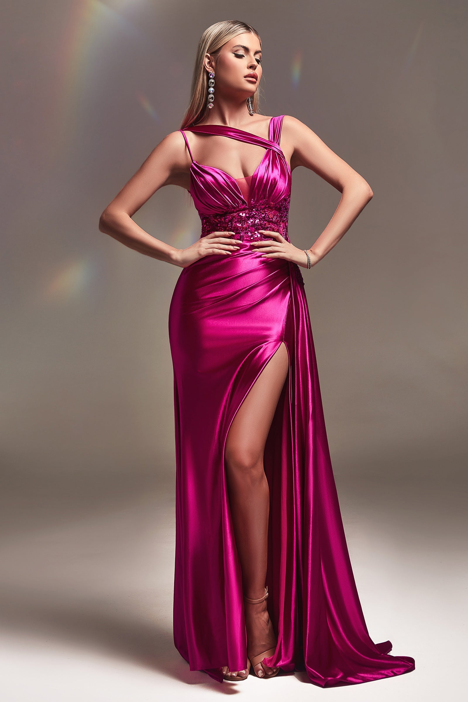 Enchanting Cinderella Divine Gown: Luxurious Satin, Soft Ruching, and an Asymmetrical Masterpiece