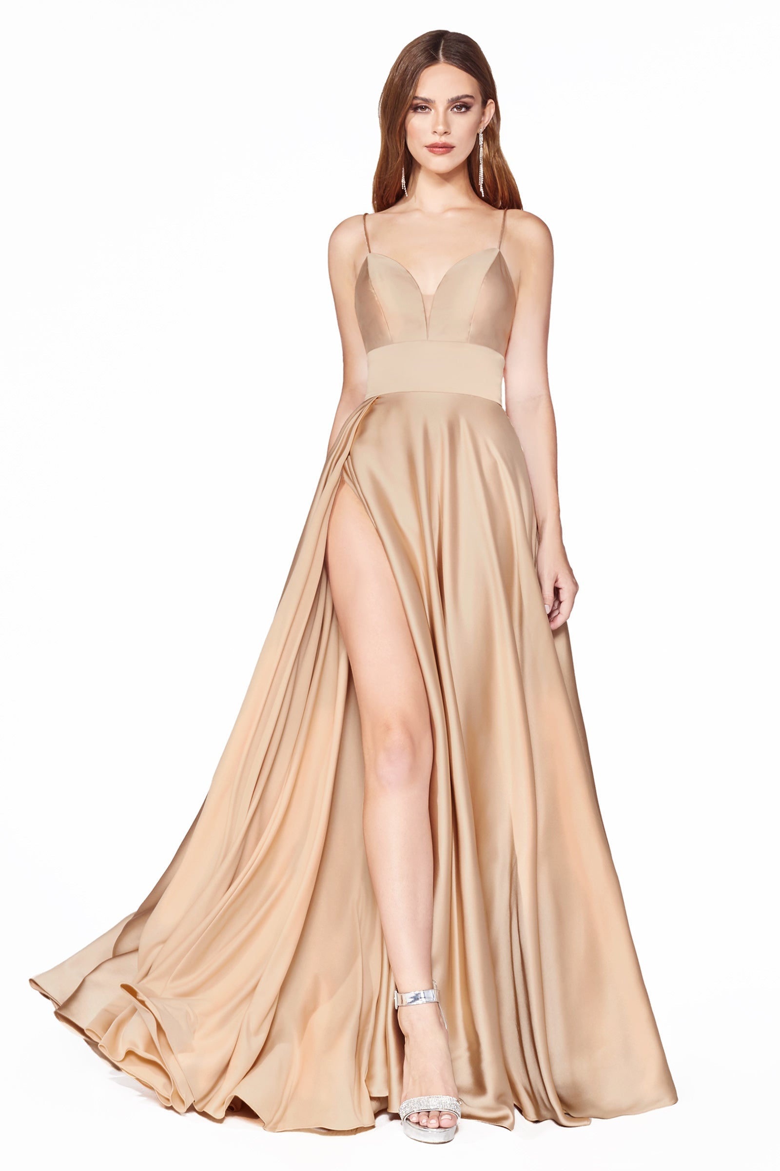 **Cinderella Divine: Enchanting Satin Gown with Alluring Details**