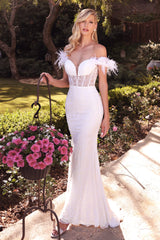 **Cinderella Divine's Ethereal Bridal Gown: Shimmering Scroll and Feather Charm**