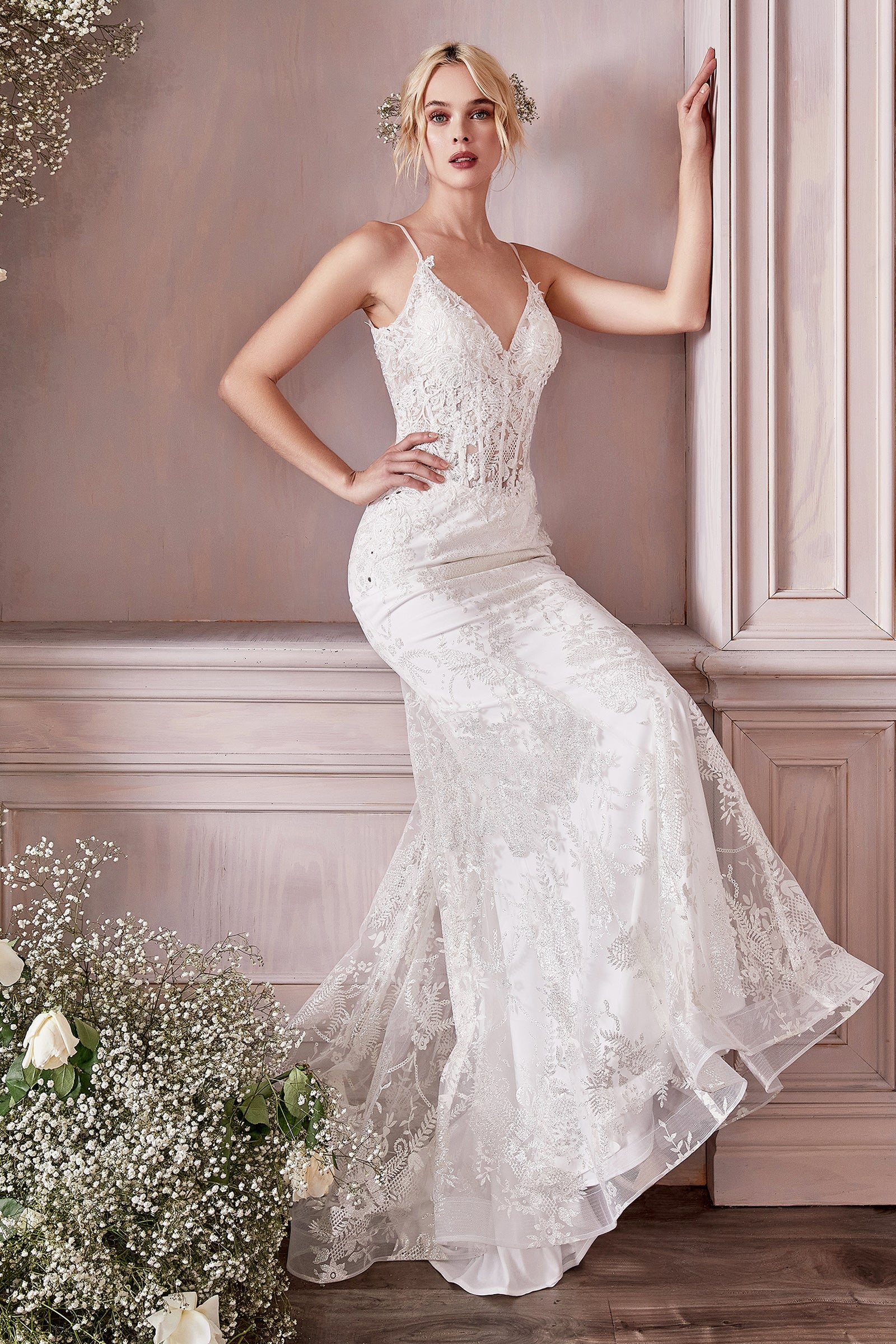 **Ethereal Beauty: Cinderella Divine's Lace-Embroidered Bridal Gown**