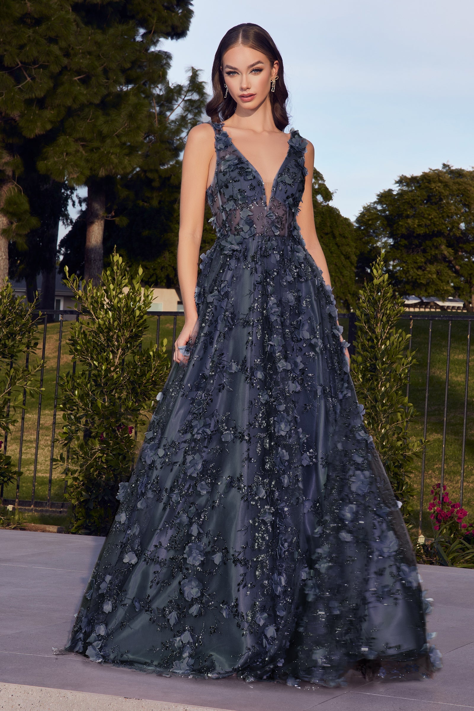 Cinderella Divine J838: Enchanting Glitter and Floral Prom Gown