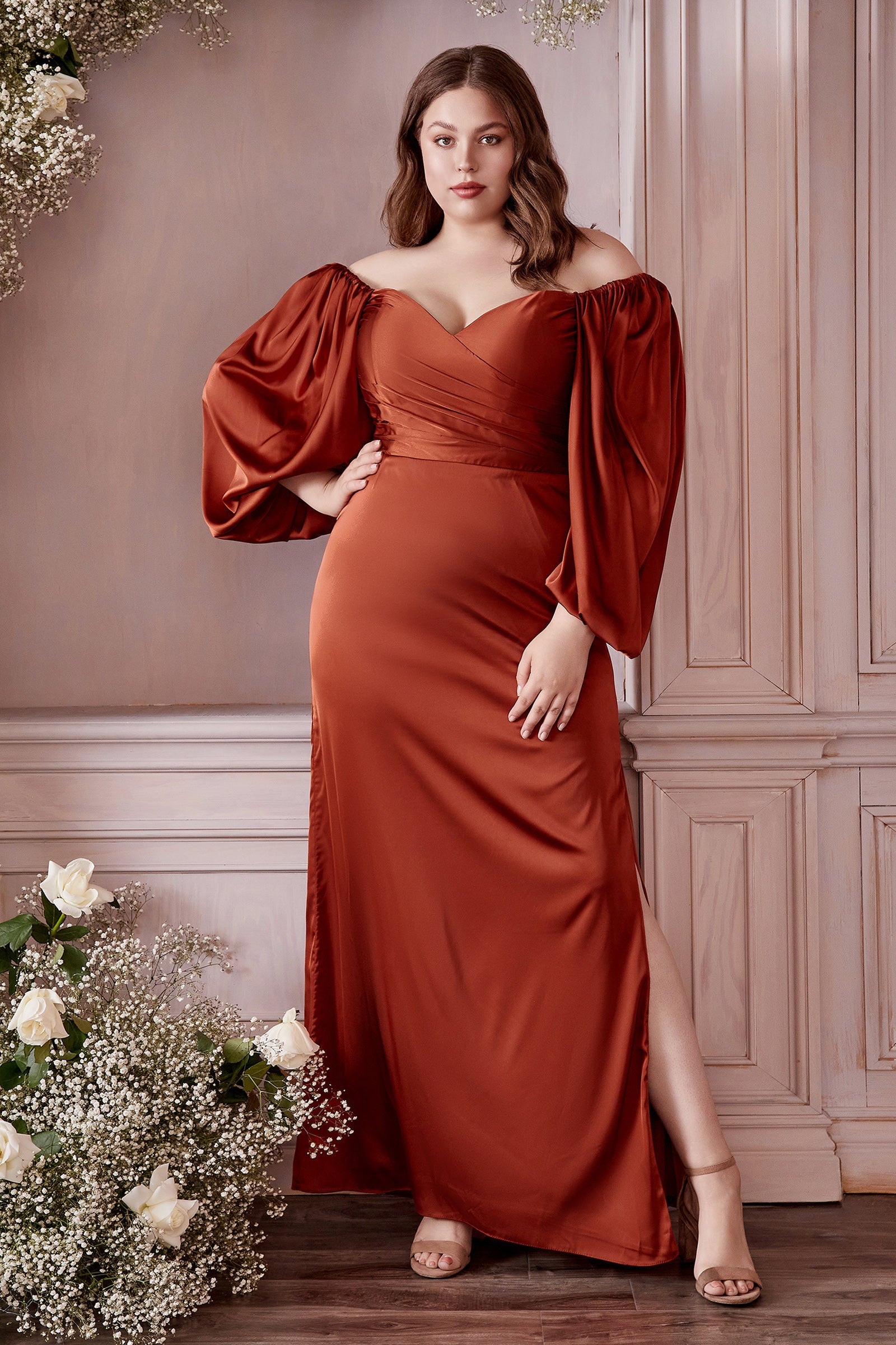 Cinderella Divine: Enchanting Wrap Dress with Billowy Sleeves and Draped Slit