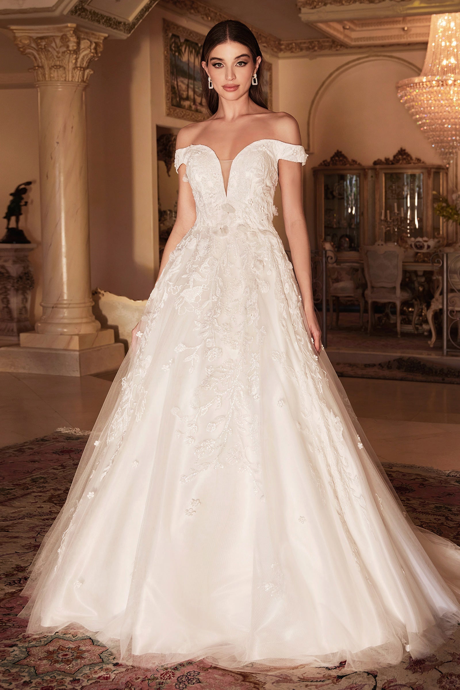 Cinderella Divine's Enchanting Off-Shoulder Gown for Regal Brides