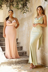 **Captivating Elegance: Satin Gown with Adjustable Cowl Neckline and Draped Sash**