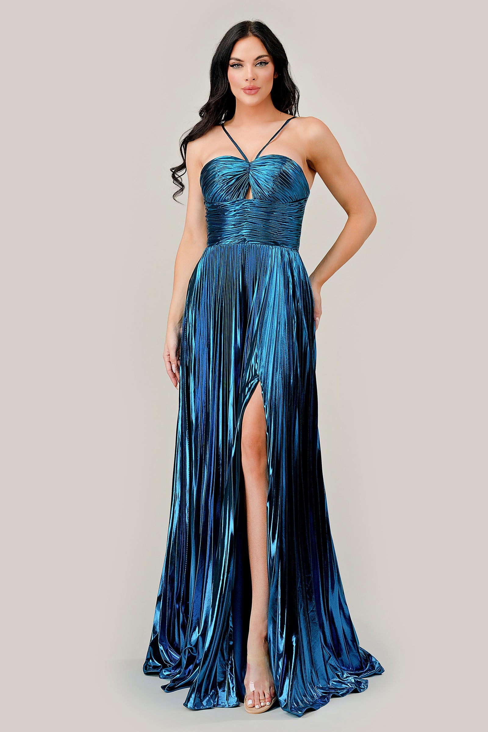 Captivating Cinderella Divine: Shimmering Metallic Pleated Halter Gown for Unforgettable Occasions